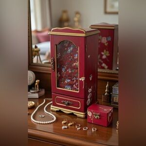 Upcycled Vintage Solid Wood Jewelry Box | Chalk Painted Red with Gold Highlights